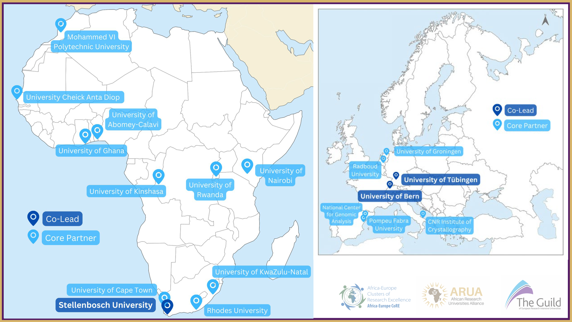 Map of Africa and Europe with member universities